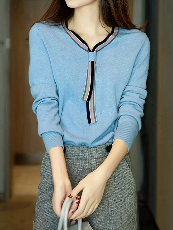 V-Neck Ribbon Sweater Women'S Sweater Base Top Women - 图片 4