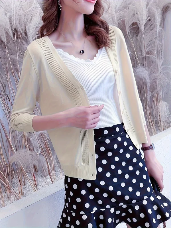 Women'S V-Neck Cardigan with Three-Quarter Sleeves, Thin Sweater - 图片 3