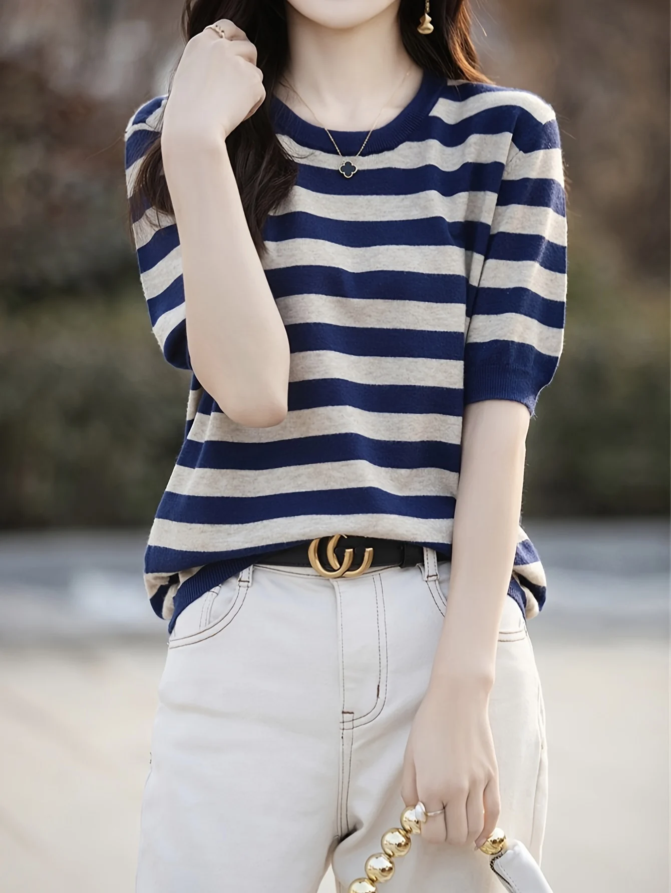 New Striped T-Shirt for Women, Loose Fit Crew Neck Pullover, Women's Short Sleeve T-Shirt, Straight Top for Women - 图片 19