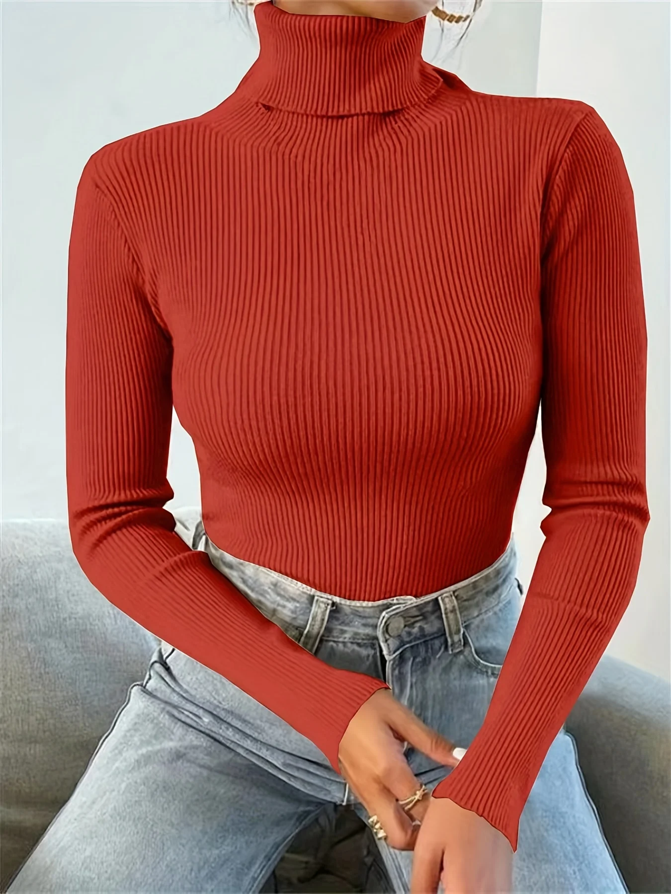 Solid Turtle Neck Sweater, Casual Long Sleeve Sweater For Fall & Winter, Women's Clothing - 图片 7