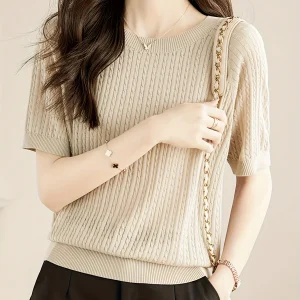 Cable Knit Crew Neck Sweater, Casual Solid Color Short Sleeve Knit Top For Spring & Fall, Women's Clothing
