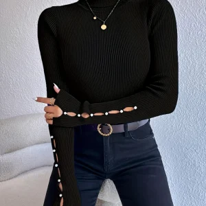 Cutout Ribbed Knit Sweater, Casual Turtleneck Long Sleeve Sweater, Women's Clothing