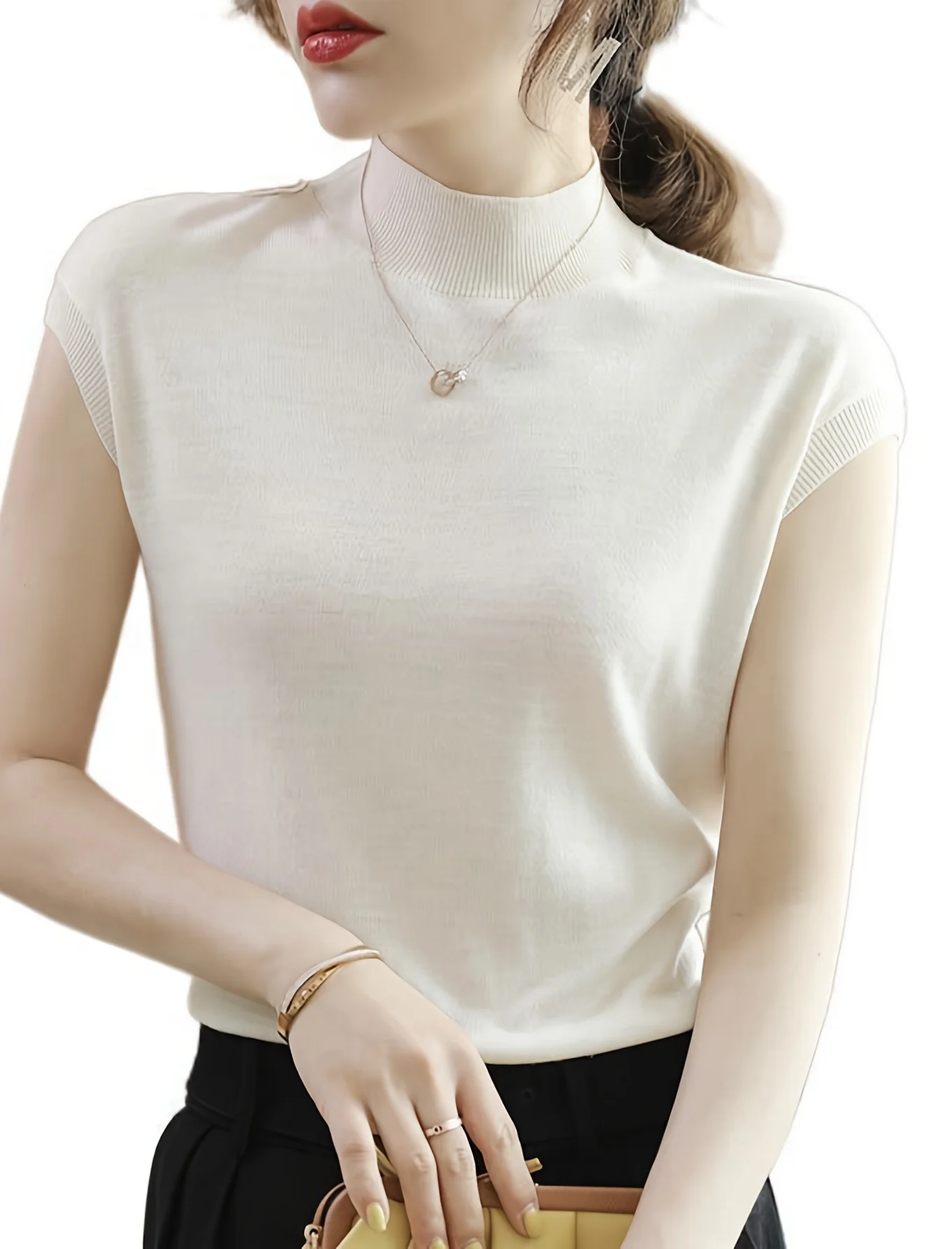 New Light Mature Style Temperament Top Ice Sweater Women'S Summer Thin Semi-High Neck Short Sleeve T-Shirt Fashion Top - 图片 13