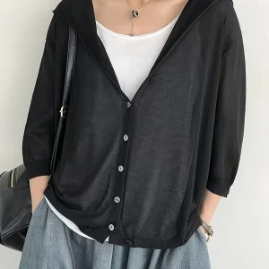 Fine-spun Cardigan for Women, Lightweight Loose-fit Outer Layer, Air-conditioning Sweater Top, Hooded Cover-up