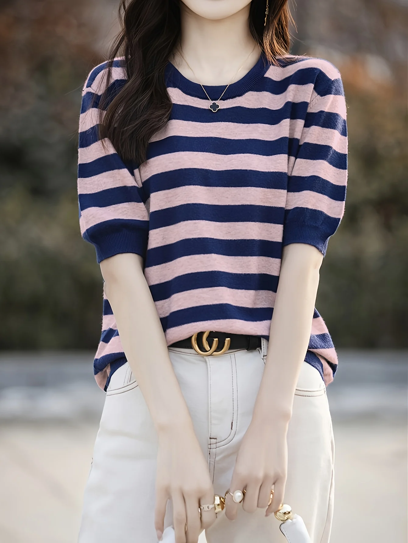 New Striped T-Shirt for Women, Loose Fit Crew Neck Pullover, Women's Short Sleeve T-Shirt, Straight Top for Women - 图片 17