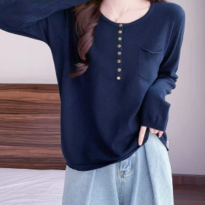 Solid Color Button Henley Sweater, Vintage Long Sleeve Pullover Sweater With Pocket, Women's Clothing