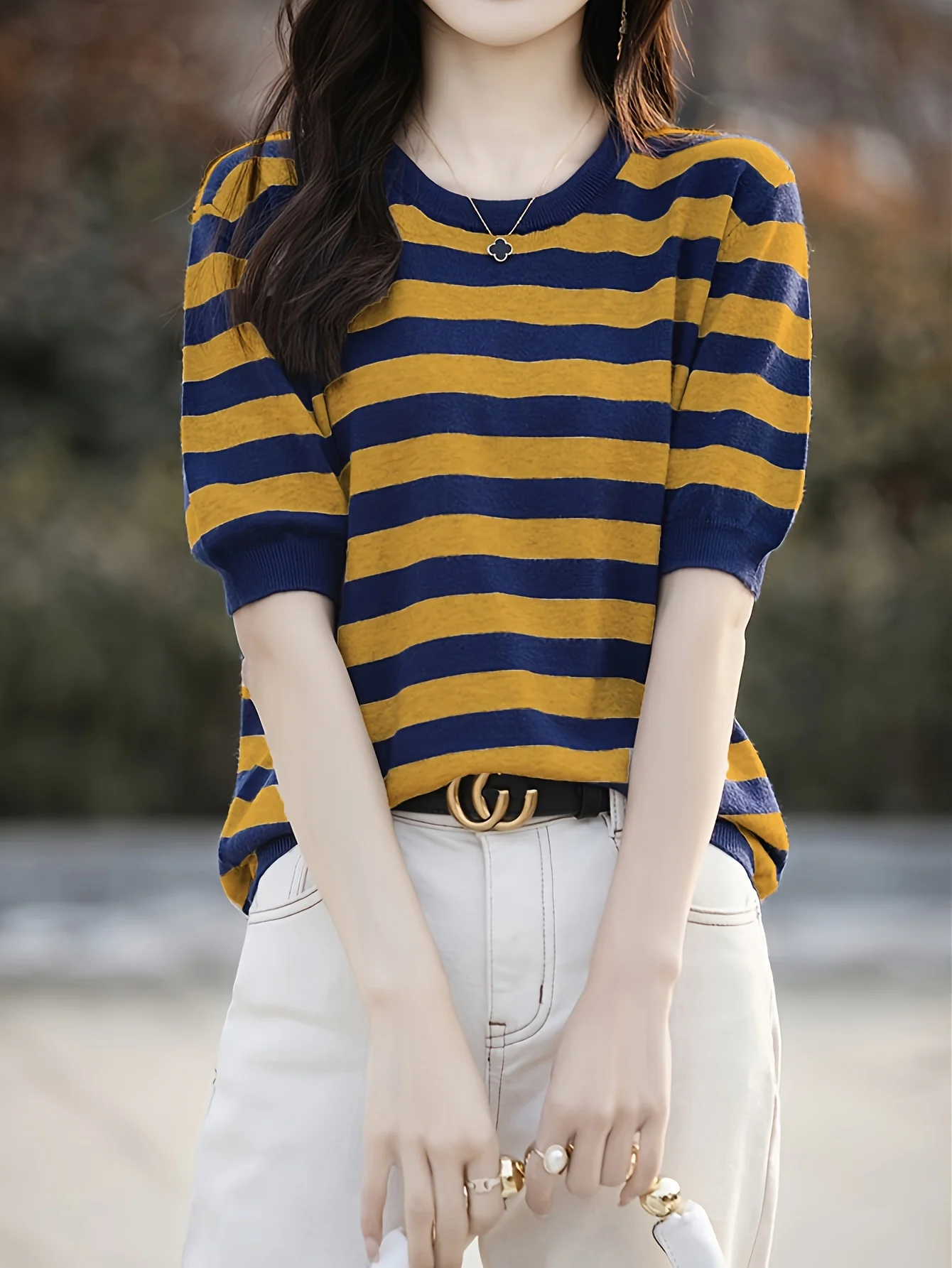 New Striped T-Shirt for Women, Loose Fit Crew Neck Pullover, Women's Short Sleeve T-Shirt, Straight Top for Women - 图片 6