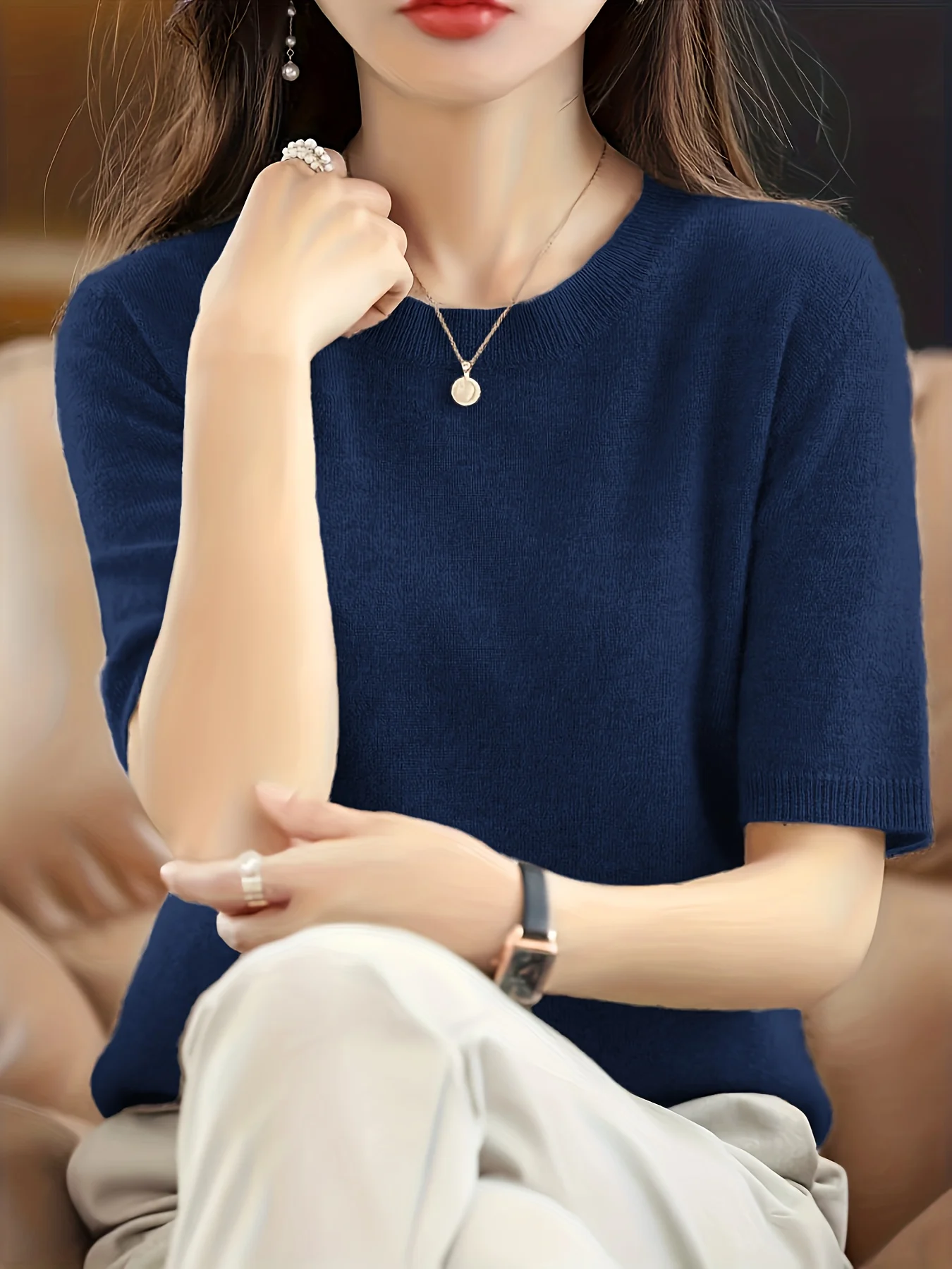 Self-developed Women's Short-sleeve Pullover Round-neck Half-sleeve Short Base Layer Shirt - 图片 3