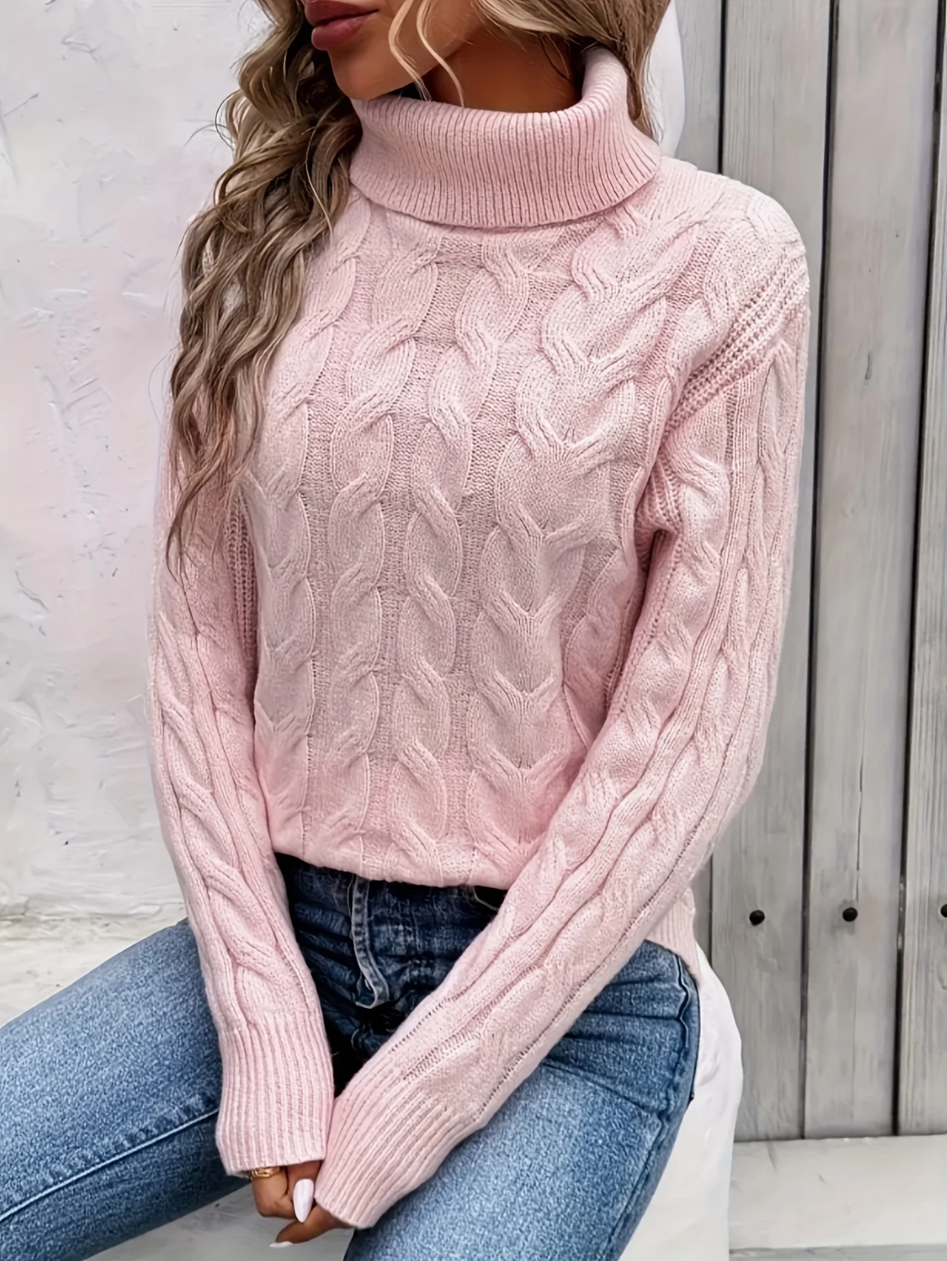 Chic Cable Knit Turtleneck Sweater for Women - Casual Long Sleeve, High Stretch, Solid Color Pullover - 图片 10