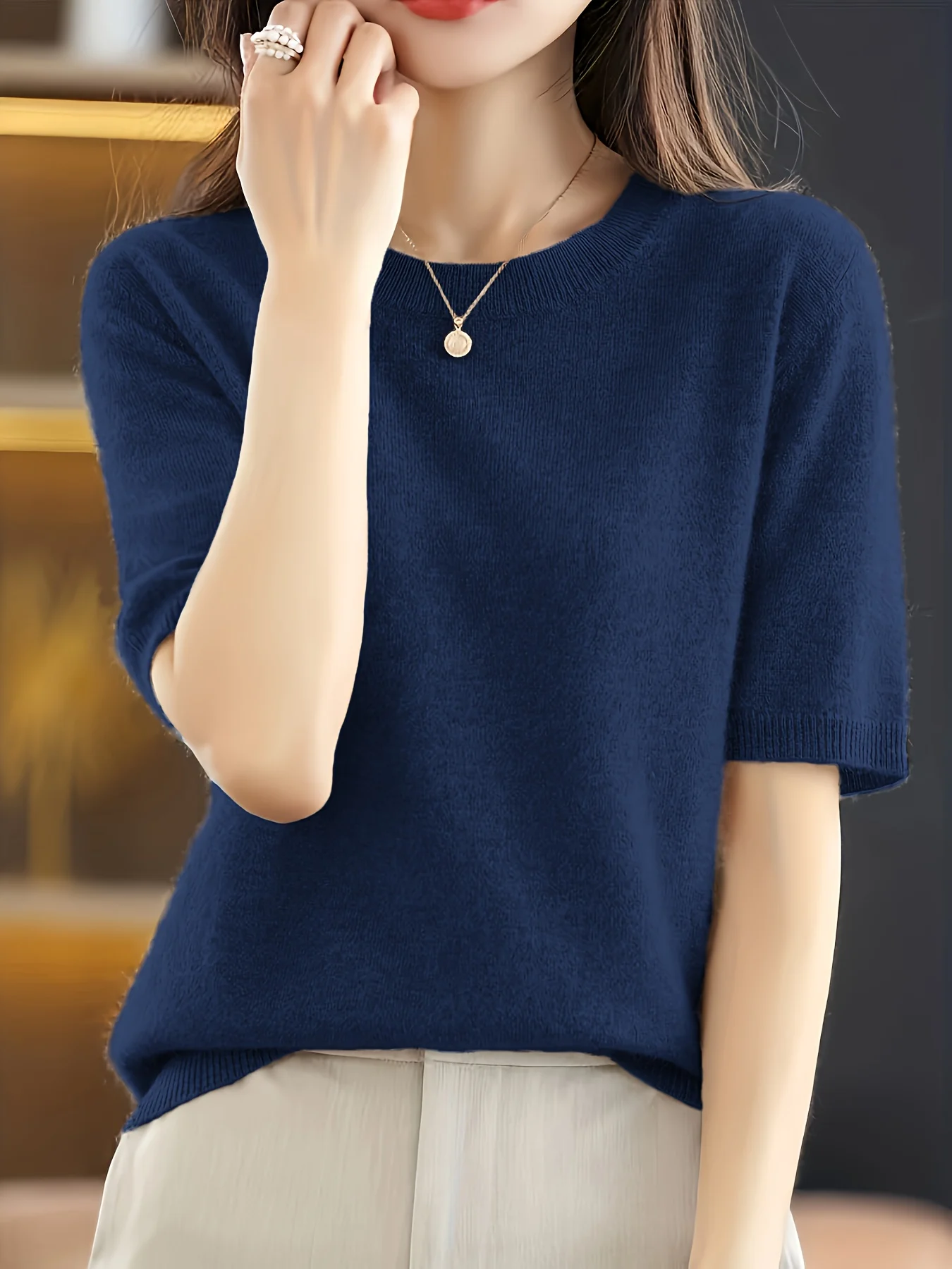 Self-developed Women's Short-sleeve Pullover Round-neck Half-sleeve Short Base Layer Shirt - 图片 12