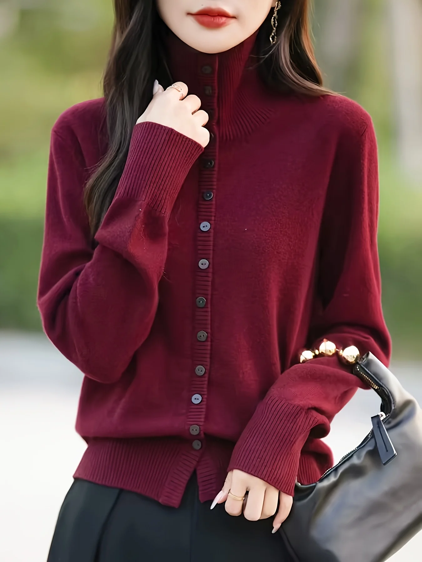 New Fine-Spun Autumn/Winter Fashionable High-End Versatile High-Neck Single-Breasted Hair Needle Sweater - 图片 11
